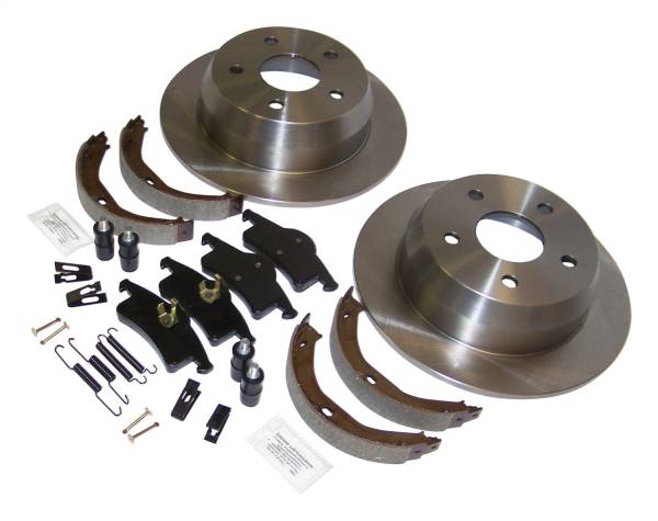 Crown Automotive Jeep Replacement - Crown Automotive Jeep Replacement Disc Brake Service Kit Rear Incl. 2 Rotors/1 Pad Set/1 Parking Brake Shoe Set/All Necessary Hardware  -  52098666K - Image 1