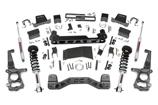 Rough Country - Rough Country Suspension Lift Kit 6 in. Lifted Knuckles Drop Brackets Sway-Bar Brake Line Drive Shaft Spacer 1/4 in. Thick Plate Steel Fabricated Blocks Includes N3 Shocks - 55731 - Image 1