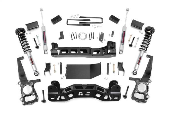 Rough Country - Rough Country Suspension Lift Kit 4 in. Black Series Front Lifted Knuckles Upper Strut Spacers Front/Rear Cross Member Sway-Bar Drop Brackets Brake Line Brackets Driveshaft Spacer - 57431 - Image 1