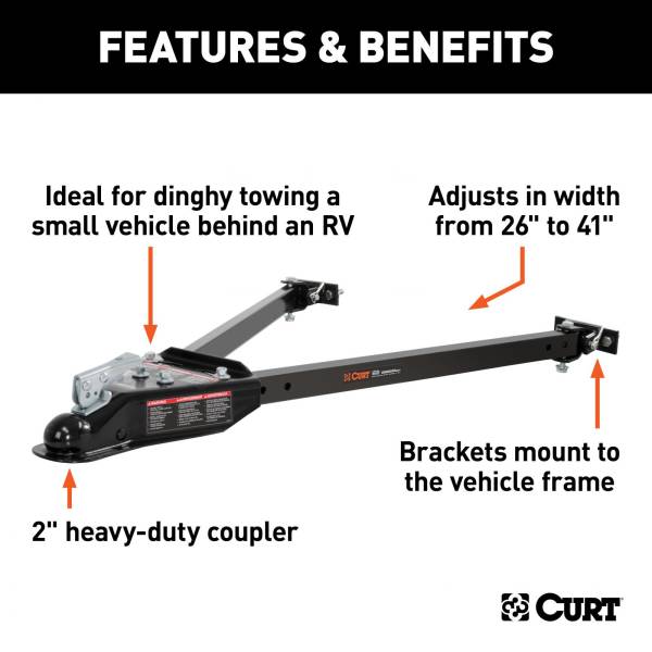 RockJock 4x4 - RockJock 4x4 Curt Tow Bar with Adjustable-Width Arms - Car Mount - 2 Inch Ball - 5000 lbs. Safety Cables and Coupler Lock Sold Separately) - RJ-19745 - Image 1