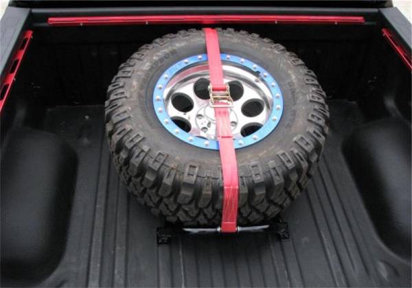 N-Fab Steps, Nerf Bars & Truck Accessories | 1350 Offroad - N-Fab Bed Mounted Rapid Tire Strap Universal - Gloss Black - Red Strap - BM1TSRD - Image 1