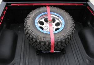 N-Fab Steps, Nerf Bars & Truck Accessories | 1350 Offroad - N-Fab Bed Mounted Rapid Tire Strap Universal - Gloss Black - Red Strap - BM1TSRD - Image 1